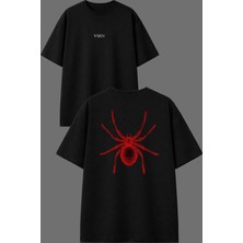 Vsrn Kırmızı Parıldar Örümcek Tasarım Ön Arka Baskılı Siyah Oversize T Shirt