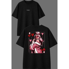 Vsrn Prenses Iskambil Tasarım Ön Arka Baskılı Siyah Oversize T Shirt