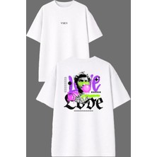 Vsrn Love Love Tasarım Ön Arka Baskılı Beyaz Oversize T Shirt