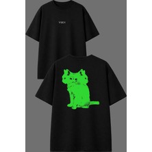 Vsrn Hipnoz Kediler Tasarım Ön Arka Baskılı Siyah Oversize T Shirt