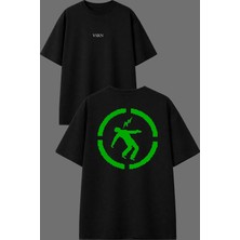Vsrn Yeşil Piksel Çizim Tasarım Ön Arka Baskılı Siyah Oversize T Shirt