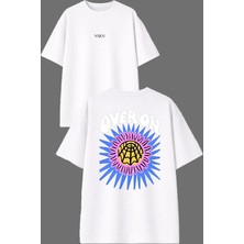 Vsrn Mavi Şimşekler Tasarım Ön Arka Baskılı Beyaz Oversize T Shirt