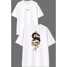 Vsrn Siyah Beyaz Yılan Kılıç Tasarım Ön Arka Baskılı Beyaz Oversize T Shirt