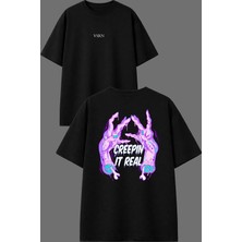 Vsrn Zombi El Tasarım Ön Arka Baskılı Siyah Oversize T Shirt