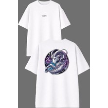 Vsrn Tek Boynuzlu Keçi Tasarım Ön Arka Baskılı Beyaz Oversize T Shirt