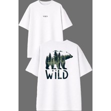 Vsrn Boz Ayı Wıld Tasarım Ön Arka Baskılı Beyaz Oversize T Shirt