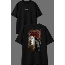 Vsrn Iki Güzel At Etnik Tasarım Ön Arka Baskılı Siyah Oversize T Shirt