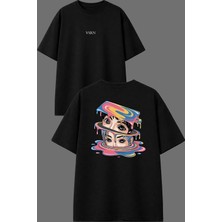 Vsrn Eriyen Yüz Tasarım Ön Arka Baskılı Siyah Oversize T Shirt