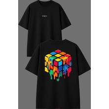 Vsrn Rubik Dehası Tasarım Ön Arka Baskılı Siyah Oversize T Shirt