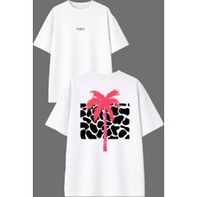 Vsrn Pembe Palmiye Tasarım Ön Arka Baskılı Beyaz Oversize T Shirt