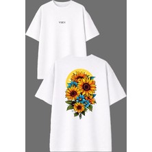 Vsrn Ayçiçek Sarı Tasarım Ön Arka Baskılı Beyaz Oversize T Shirt