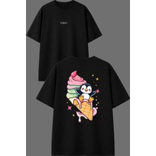Vsrn Ice Cream Penguen Tasarım Ön Arka Baskılı Siyah Oversize T Shirt