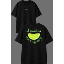 Vsrn Limon Dilimi Tasarım Ön Arka Baskılı Siyah Oversize T Shirt