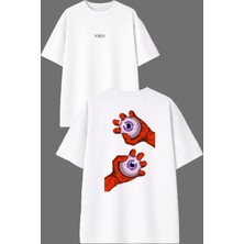 Vsrn Iki Göz Tasarım Ön Arka Baskılı Beyaz Oversize T Shirt