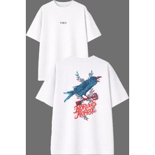 Vsrn Karga Tasarım Ön Arka Baskılı Beyaz Oversize T Shirt