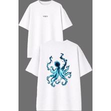 Vsrn Mavi Ahtapot Tasarım Ön Arka Baskılı Beyaz Oversize T Shirt