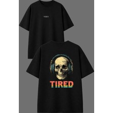 Vsrn Tıred Tasarım Ön Arka Baskılı Siyah Oversize T Shirt