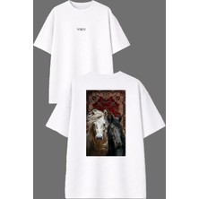 Vsrn Iki Güzel At Etnik Tasarım Ön Arka Baskılı Beyaz Oversize T Shirt