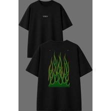 Vsrn Yeşil Alevli Tasarım Ön Arka Baskılı Siyah Oversize T Shirt