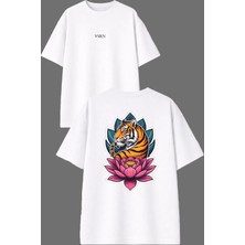 Vsrn Çiçekli Kaplan Tasarım Ön Arka Baskılı Beyaz Oversize T Shirt
