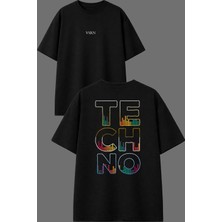 Vsrn Techno Ses Ayarı Tasarım Ön Arka Baskılı Siyah Oversize T Shirt