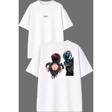 Vsrn Motorcu Sevgili Tasarım Ön Arka Baskılı Beyaz Oversize T Shirt