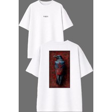 Vsrn Kırmızı Karga Tasarım Ön Arka Baskılı Beyaz Oversize T Shirt
