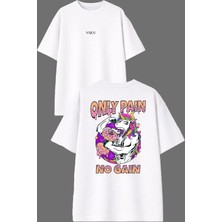 Vsrn Kaslı At Tasarım Ön Arka Baskılı Beyaz Oversize T Shirt