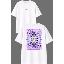 Vsrn Güneş Pembe Tasarım Ön Arka Baskılı Beyaz Oversize T Shirt
