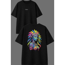 Vsrn Renkli Kadın Tasarım Ön Arka Baskılı Siyah Oversize T Shirt