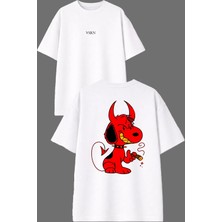 Vsrn Şeytan Köpek Tasarım Ön Arka Baskılı Beyaz Oversize T Shirt