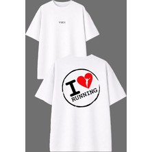 Vsrn I Love Run Tasarım Ön Arka Baskılı Beyaz Oversize T Shirt