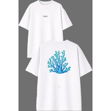 Vsrn Deniz Yosunu Tasarım Ön Arka Baskılı Beyaz Oversize T Shirt