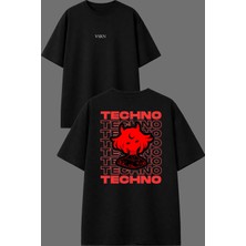 Vsrn Techno Techno Tasarım Ön Arka Baskılı Siyah Oversize T Shirt