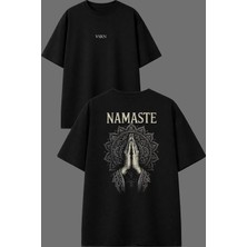 Vsrn Namaste Tasarım Ön Arka Baskılı Siyah Oversize T Shirt