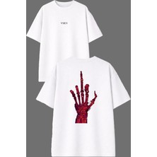 Vsrn Kırmızı Orta Parmak Tasarım Ön Arka Baskılı Beyaz Oversize T Shirt