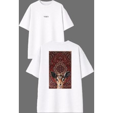Vsrn Yavru Geyik Etnik Halı Tasarım Ön Arka Baskılı Beyaz Oversize T Shirt