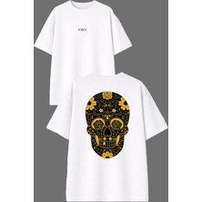 Vsrn Çiçekli Iskelet Tasarım Ön Arka Baskılı Beyaz Oversize T Shirt