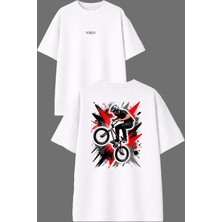 Vsrn Bisiklet Kırmızı Tasarım Ön Arka Baskılı Beyaz Oversize T Shirt