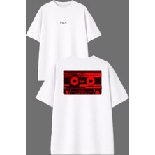 Vsrn Kırmızı Kaset Tasarım Ön Arka Baskılı Beyaz Oversize T Shirt