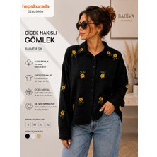 Badiva Fashion Badiva Kadın Çiçek Nakışlı Oversize Gömlek %100 Pamuk Rahat Kalıp Uzun Kollu Gömlek