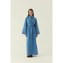 Zülays Dantel Detaylı Denim Elbise Mavi