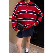 Zey Studio Kadın Kırmızı Polo Yaka Çizgili Oversize Triko Kazak