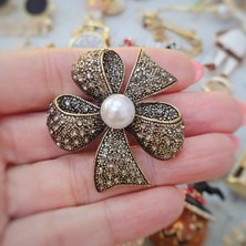 Merve Takı Bronz Vintage Inci Çiçek Broş