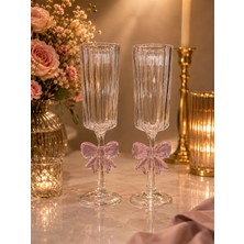 Morponi Pembe Fiyonk Tasarımlı Dikey Çizgili Kahve Yanı Sunum ve Şampanya Kadehi 2 Adet(190 ML)
