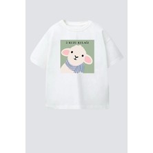 Monila Unisex Çocuk Pamuklu Bisiklet Yaka Kuzu Kulağı Baskılı T-Shirt