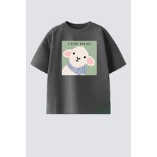 Monila Unisex Çocuk Pamuklu Bisiklet Yaka Kuzu Kulağı Baskılı T-Shirt
