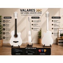 VALARES 38C Kesik Kasa Beyaz Akustik Gitar 38 Inç Sap Ayarlı Cutaway + Çanta Askı Pena Hediyeli Üst Segment