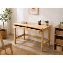 Goob %100 Masif Çam Ahşap Çalışma Masası 115X60 cm Doğal Çam 2 Çekmeceli Minimal Yazı Masası Ahşap Ofis Bilgisayar Masası