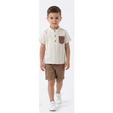 Queen Kids  Erkek Çocuk Cep Detaylı Keten  Takım Kahverengi